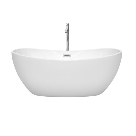 Rebecca 60 Inch Freestanding Bathtub in White with Floor Mounted Faucet Drain and Overflow Trim in Polished Chrome