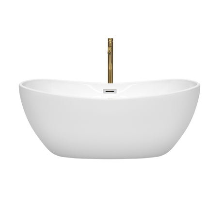 Rebecca 60 Inch Freestanding Bathtub in White with Polished Chrome Trim and Floor Mounted Faucet in Brushed Gold