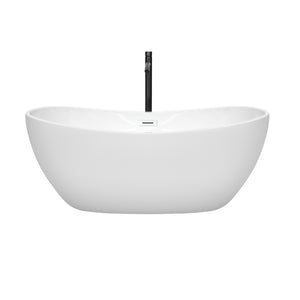 Rebecca 60 Inch Freestanding Bathtub in White with Shiny White Trim and Floor Mounted Faucet in Matte Black