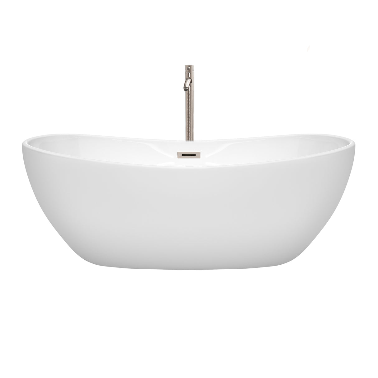 Rebecca 65 Inch Freestanding Bathtub in White with Floor Mounted Faucet Drain and Overflow Trim in Brushed Nickel