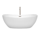 Rebecca 65 Inch Freestanding Bathtub in White with Floor Mounted Faucet Drain and Overflow Trim in Brushed Nickel