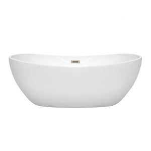 Rebecca 65 Inch Freestanding Bathtub in White with Brushed Nickel Drain and Overflow Trim