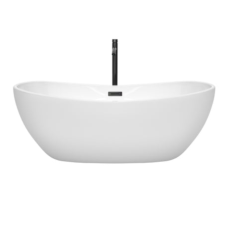Rebecca 65 Inch Freestanding Bathtub in White with Floor Mounted Faucet Drain and Overflow Trim in Matte Black