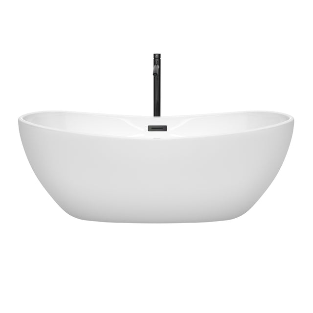 Rebecca 65 Inch Freestanding Bathtub in White with Floor Mounted Faucet Drain and Overflow Trim in Matte Black