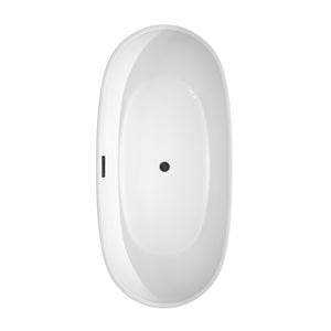 Rebecca 65 Inch Freestanding Bathtub in White with Floor Mounted Faucet Drain and Overflow Trim in Matte Black