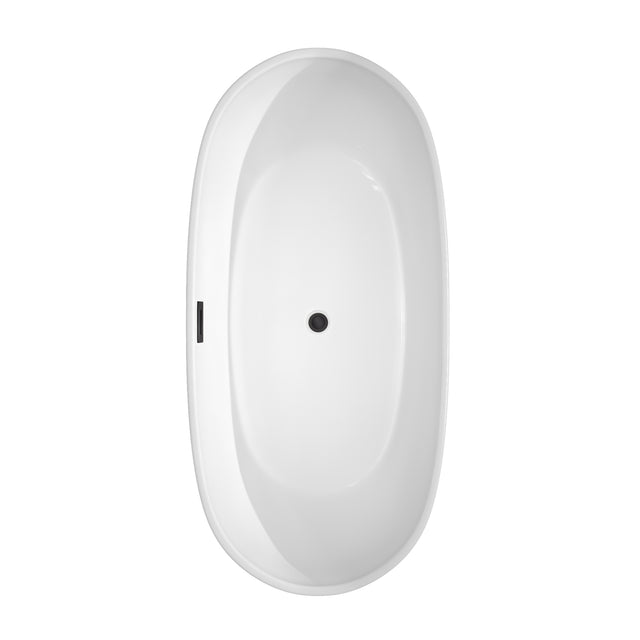 Rebecca 65 Inch Freestanding Bathtub in White with Floor Mounted Faucet Drain and Overflow Trim in Matte Black