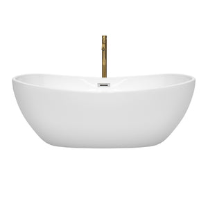 Rebecca 65 Inch Freestanding Bathtub in White with Polished Chrome Trim and Floor Mounted Faucet in Brushed Gold