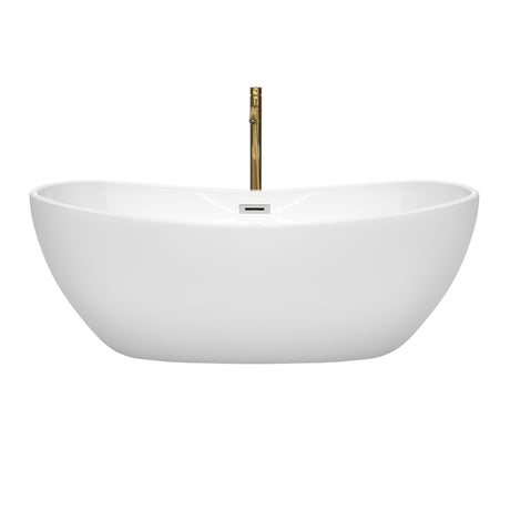 Rebecca 65 Inch Freestanding Bathtub in White with Polished Chrome Trim and Floor Mounted Faucet in Brushed Gold