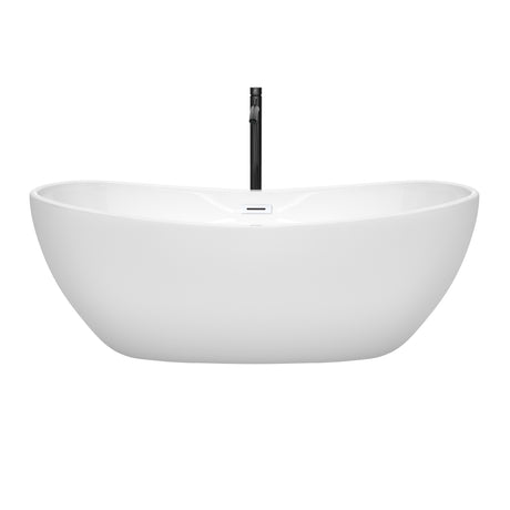 Rebecca 65 Inch Freestanding Bathtub in White with Shiny White Trim and Floor Mounted Faucet in Matte Black
