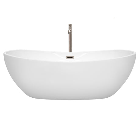 Rebecca 70 Inch Freestanding Bathtub in White with Floor Mounted Faucet Drain and Overflow Trim in Brushed Nickel