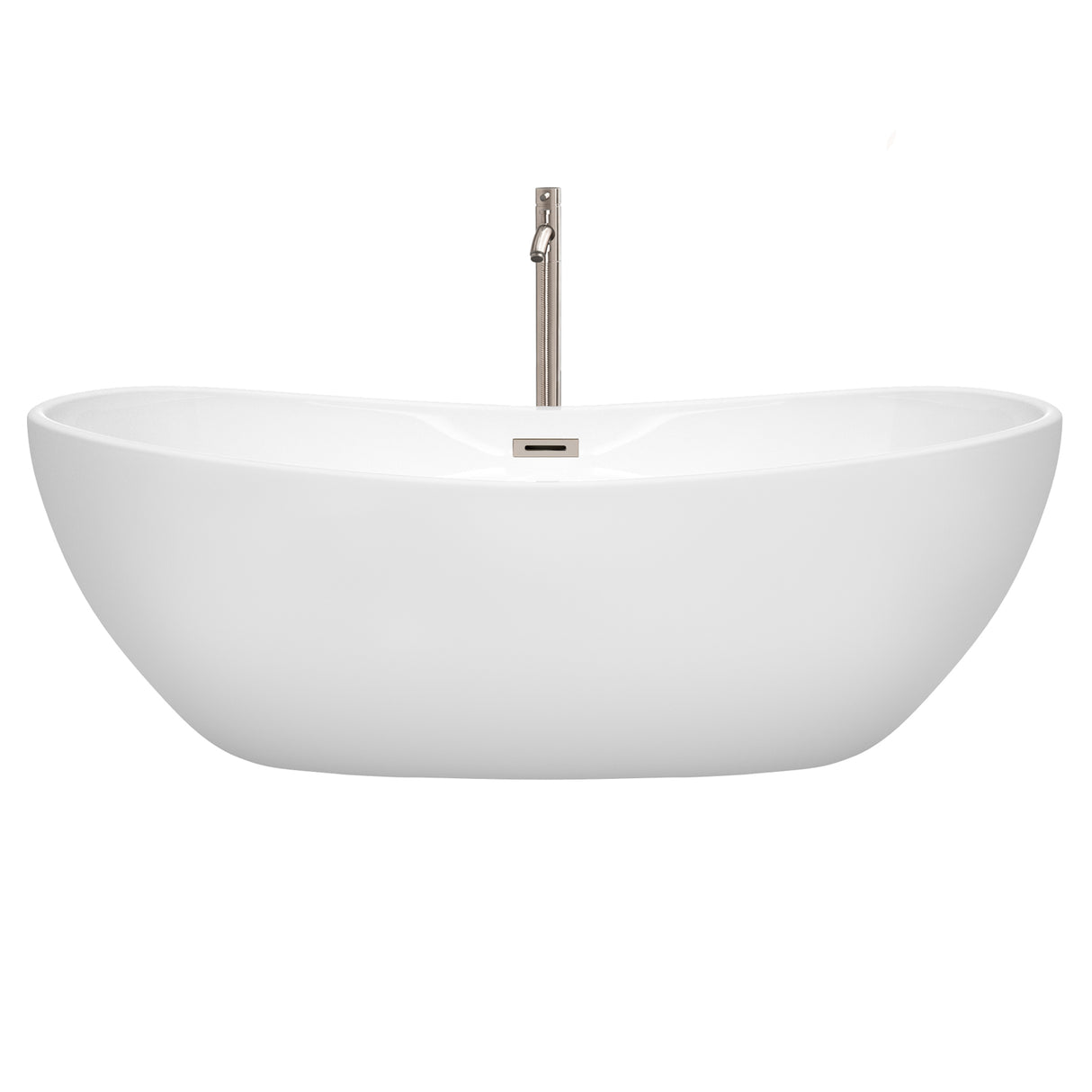 Rebecca 70 Inch Freestanding Bathtub in White with Floor Mounted Faucet Drain and Overflow Trim in Brushed Nickel