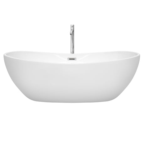 Rebecca 70 Inch Freestanding Bathtub in White with Floor Mounted Faucet Drain and Overflow Trim in Polished Chrome