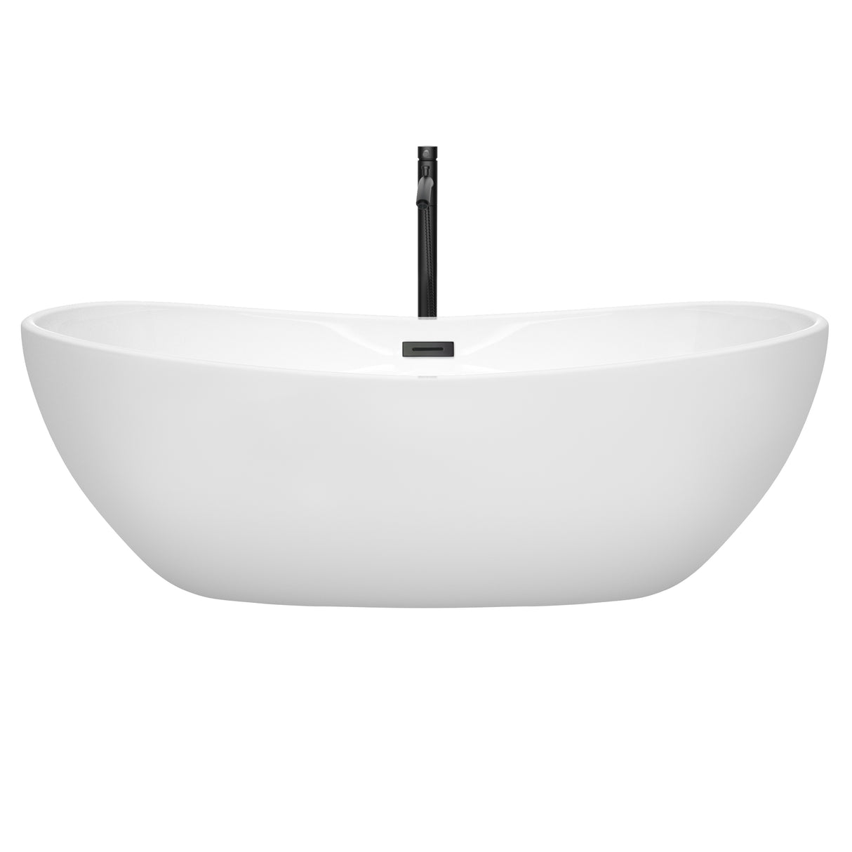 Rebecca 70 Inch Freestanding Bathtub in White with Floor Mounted Faucet Drain and Overflow Trim in Matte Black