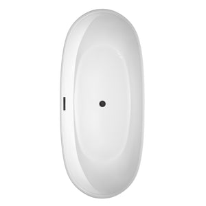 Rebecca 70 Inch Freestanding Bathtub in White with Floor Mounted Faucet Drain and Overflow Trim in Matte Black