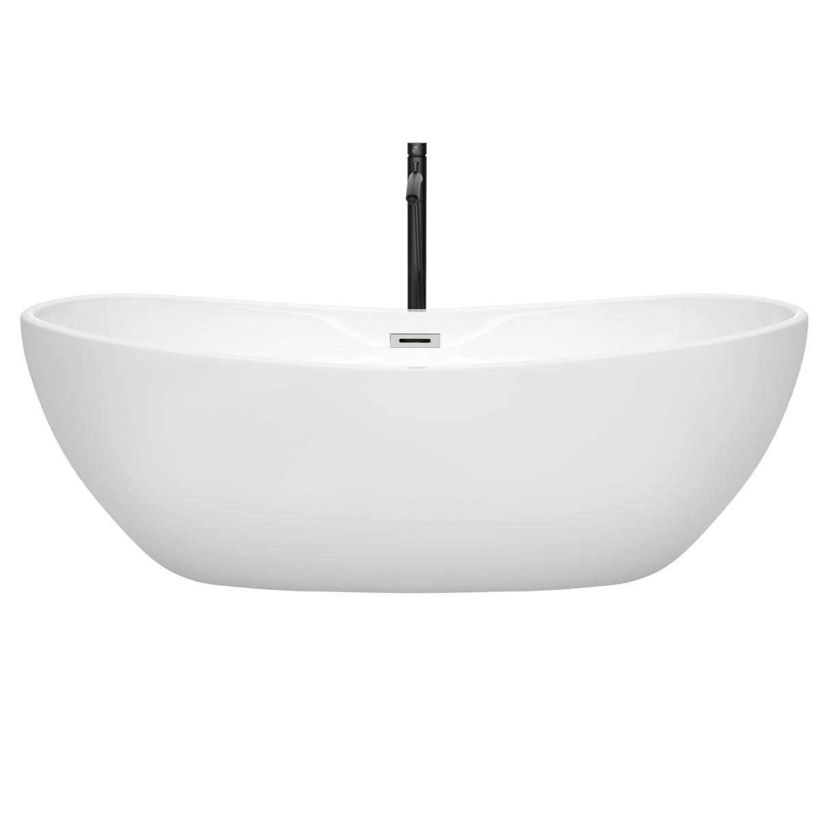 Rebecca 70 Inch Freestanding Bathtub in White with Polished Chrome Trim and Floor Mounted Faucet in Matte Black