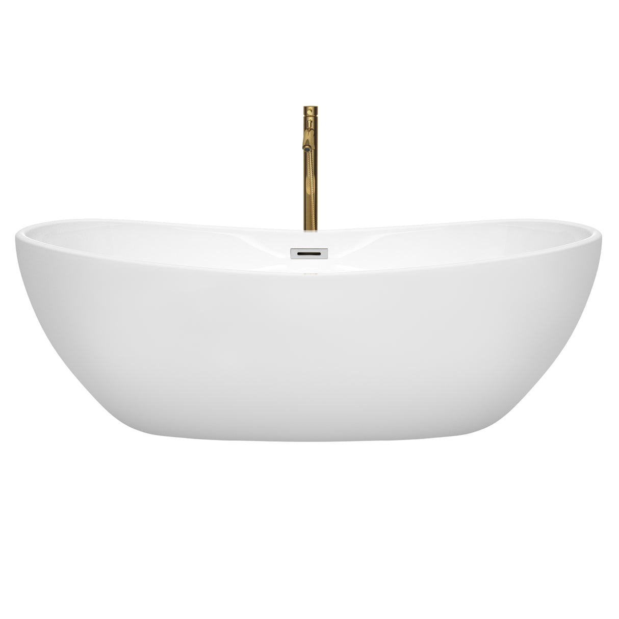 Rebecca 70 Inch Freestanding Bathtub in White with Polished Chrome Trim and Floor Mounted Faucet in Brushed Gold