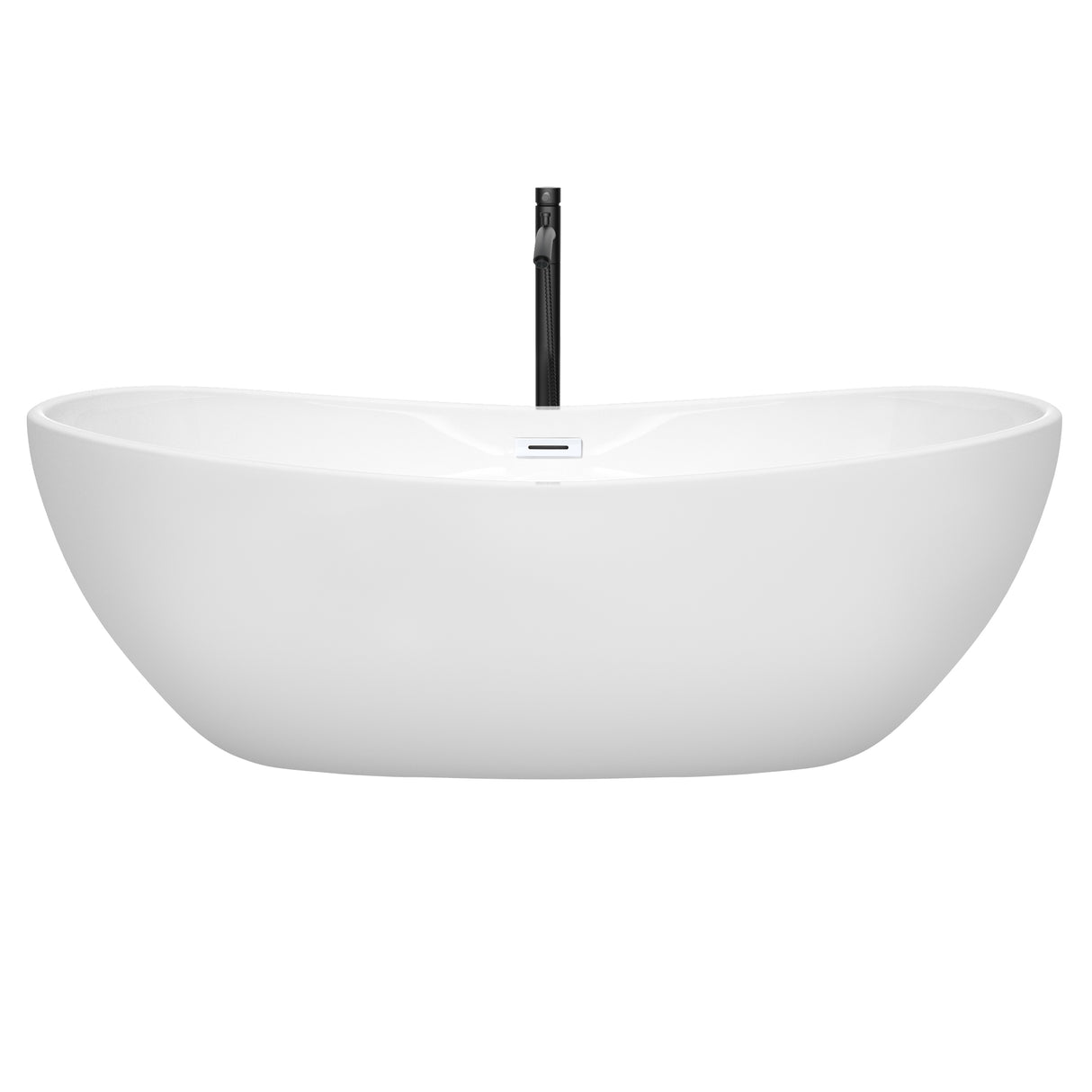 Rebecca 70 Inch Freestanding Bathtub in White with Shiny White Trim and Floor Mounted Faucet in Matte Black