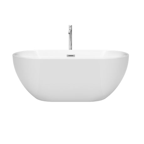 Brooklyn 60 Inch Freestanding Bathtub in White with Floor Mounted Faucet Drain and Overflow Trim in Polished Chrome