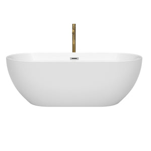 Brooklyn 67 Inch Freestanding Bathtub in White with Polished Chrome Trim and Floor Mounted Faucet in Brushed Gold