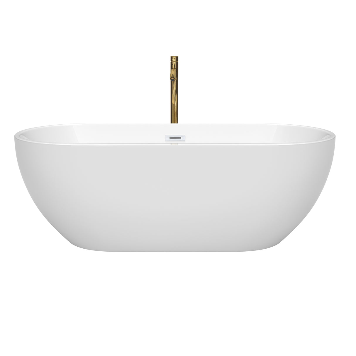 Brooklyn 67 Inch Freestanding Bathtub in White with Shiny White Trim and Floor Mounted Faucet in Brushed Gold