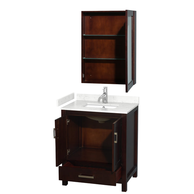 Sheffield 30 Inch Single Bathroom Vanity in Espresso Carrara Cultured Marble Countertop Undermount Square Sink Medicine Cabinet