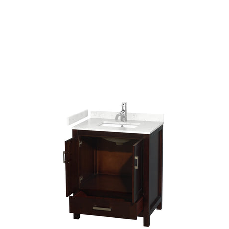 Sheffield 30 Inch Single Bathroom Vanity in Espresso Carrara Cultured Marble Countertop Undermount Square Sink No Mirror