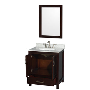 Sheffield 30 Inch Single Bathroom Vanity in Espresso White Carrara Marble Countertop Undermount Oval Sink and 24 Inch Mirror
