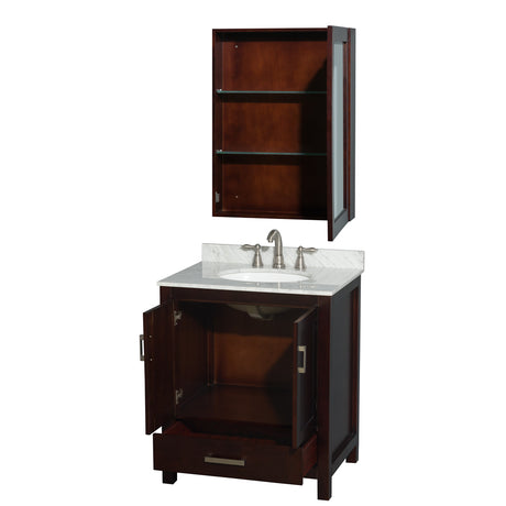 Sheffield 30 Inch Single Bathroom Vanity in Espresso White Carrara Marble Countertop Undermount Oval Sink and Medicine Cabinet