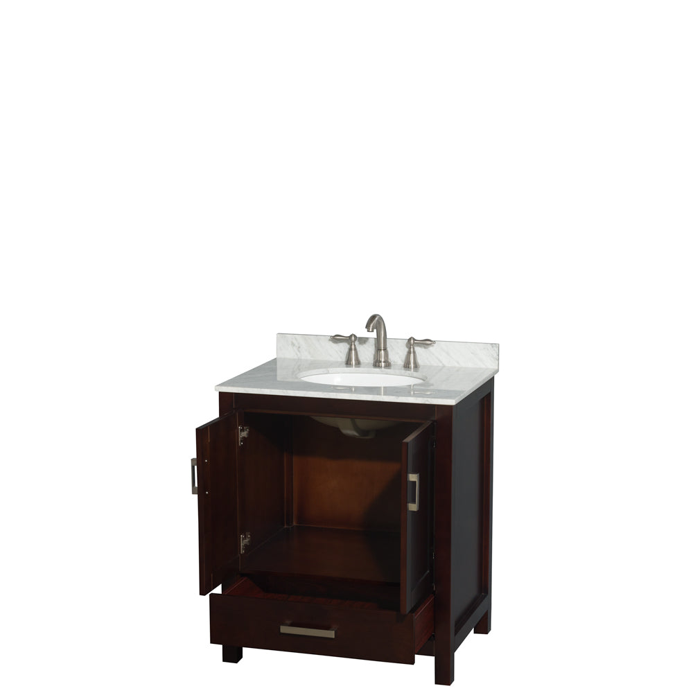 Sheffield 30 Inch Single Bathroom Vanity in Espresso White Carrara Marble Countertop Undermount Oval Sink and No Mirror