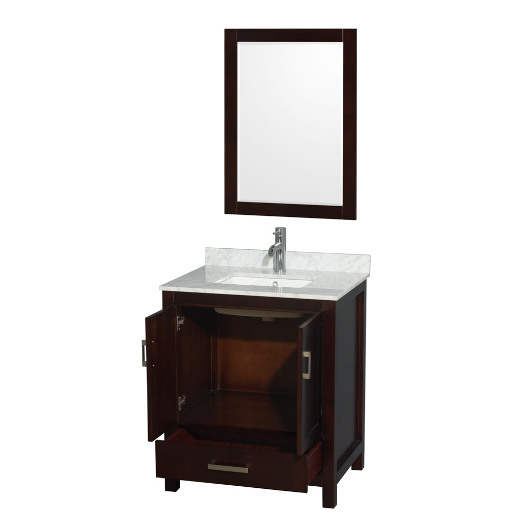 Sheffield 30 Inch Single Bathroom Vanity in Espresso White Carrara Marble Countertop Undermount Square Sink and 24 Inch Mirror