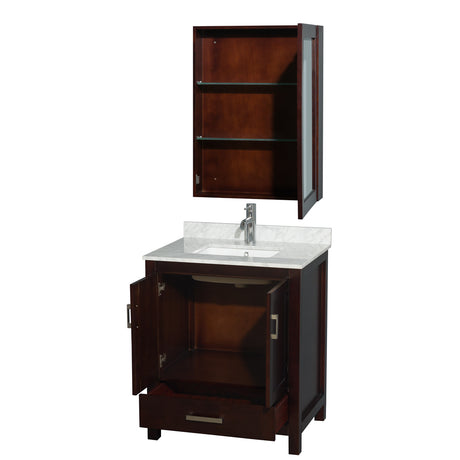 Sheffield 30 Inch Single Bathroom Vanity in Espresso White Carrara Marble Countertop Undermount Square Sink and Medicine Cabinet