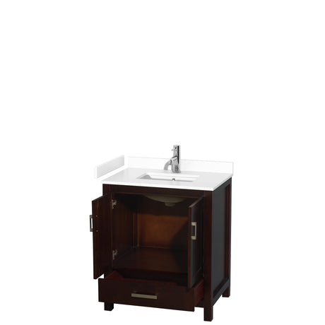 Sheffield 30 Inch Single Bathroom Vanity in Espresso White Cultured Marble Countertop Undermount Square Sink No Mirror