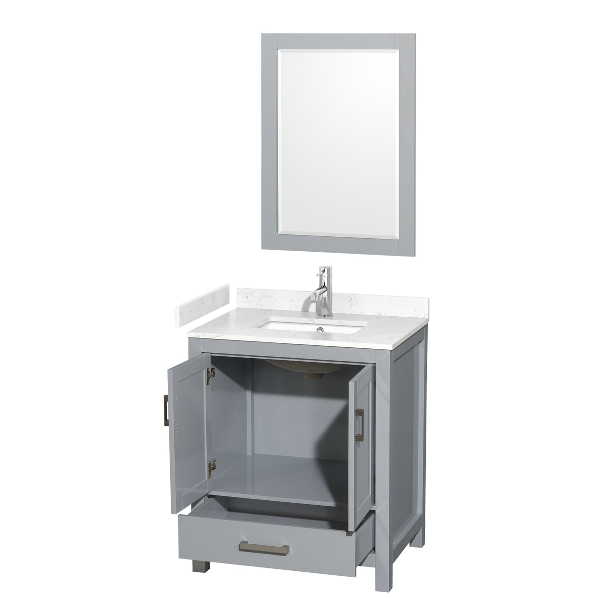 Sheffield 30 Inch Single Bathroom Vanity in Gray Carrara Cultured Marble Countertop Undermount Square Sink 24 Inch Mirror