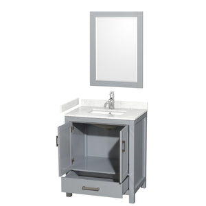 Sheffield 30 Inch Single Bathroom Vanity in Gray Carrara Cultured Marble Countertop Undermount Square Sink 24 Inch Mirror