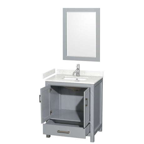 Sheffield 30 Inch Single Bathroom Vanity in Gray Carrara Cultured Marble Countertop Undermount Square Sink 24 Inch Mirror