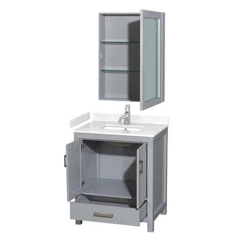 Sheffield 30 Inch Single Bathroom Vanity in Gray Carrara Cultured Marble Countertop Undermount Square Sink Medicine Cabinet