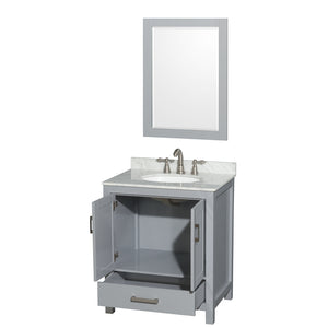 Sheffield 30 Inch Single Bathroom Vanity in Gray White Carrara Marble Countertop Undermount Oval Sink and 24 Inch Mirror
