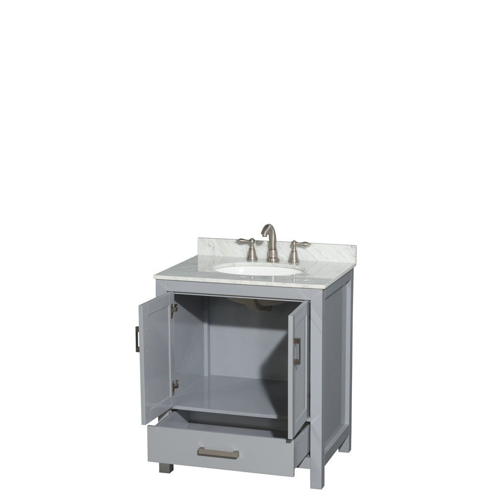 Sheffield 30 Inch Single Bathroom Vanity in Gray White Carrara Marble Countertop Undermount Oval Sink and No Mirror