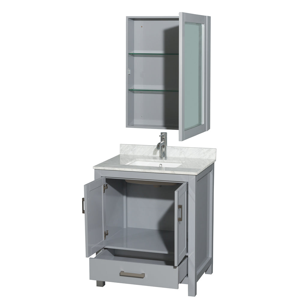 Sheffield 30 Inch Single Bathroom Vanity in Gray White Carrara Marble Countertop Undermount Square Sink and Medicine Cabinet