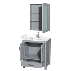 Sheffield 30 Inch Single Bathroom Vanity in Gray White Cultured Marble Countertop Undermount Square Sink Medicine Cabinet