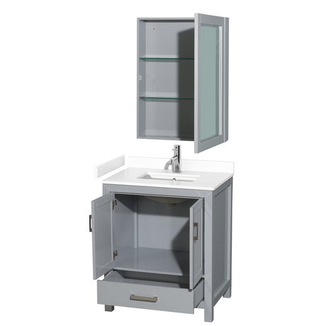 Sheffield 30 Inch Single Bathroom Vanity in Gray White Cultured Marble Countertop Undermount Square Sink Medicine Cabinet