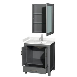 Sheffield 30 Inch Single Bathroom Vanity in Dark Gray Carrara Cultured Marble Countertop Undermount Square Sink Medicine Cabinet