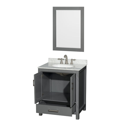 Sheffield 30 Inch Single Bathroom Vanity in Dark Gray White Carrara Marble Countertop Undermount Oval Sink and 24 Inch Mirror