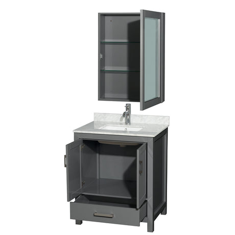 Sheffield 30 Inch Single Bathroom Vanity in Dark Gray White Carrara Marble Countertop Undermount Square Sink and Medicine Cabinet