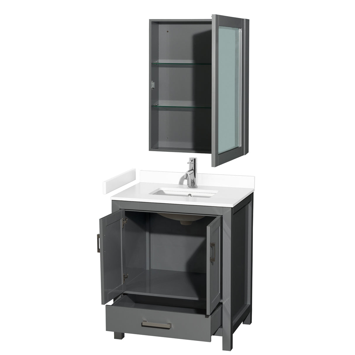 Sheffield 30 Inch Single Bathroom Vanity in Dark Gray White Cultured Marble Countertop Undermount Square Sink Medicine Cabinet