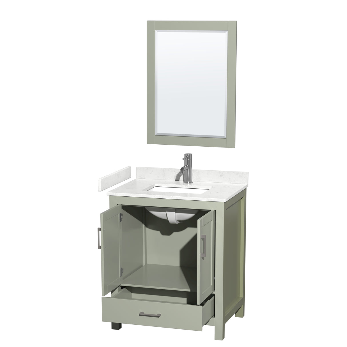 Sheffield 30 inch Single Bathroom Vanity in Light Green Carrara Cultured Marble Countertop Undermount Square Sink Brushed Nickel Trim 24 inch Mirror