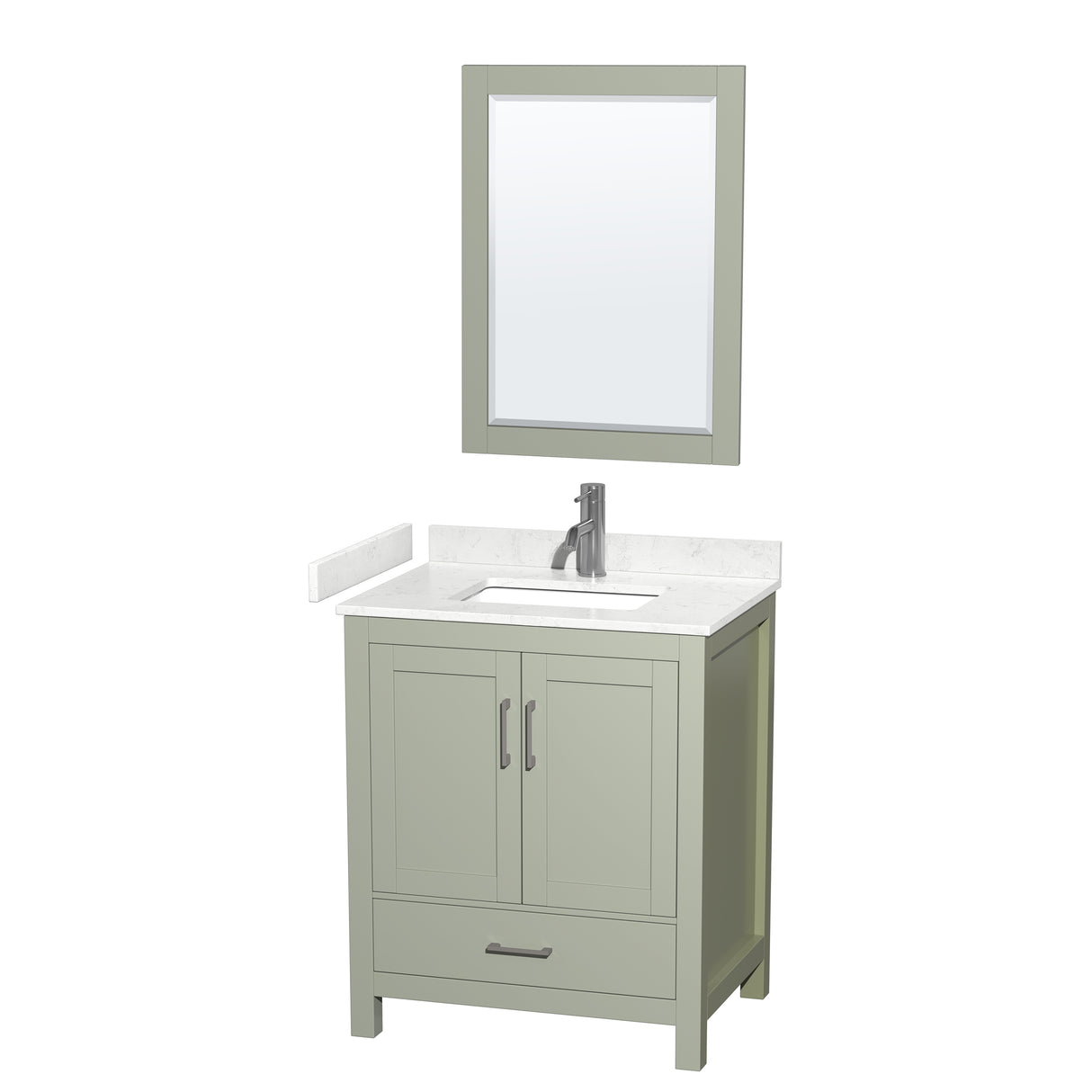 Sheffield 30 inch Single Bathroom Vanity in Light Green Carrara Cultured Marble Countertop Undermount Square Sink Brushed Nickel Trim 24 inch Mirror