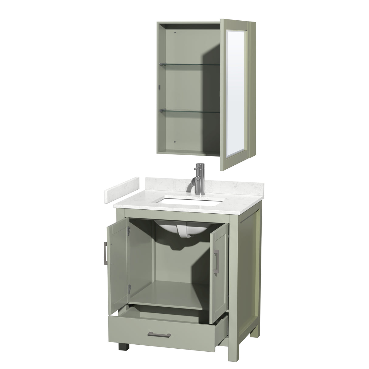 Sheffield 30 inch Single Bathroom Vanity in Light Green Carrara Cultured Marble Countertop Undermount Square Sink Brushed Nickel Trim Medicine Cabinet