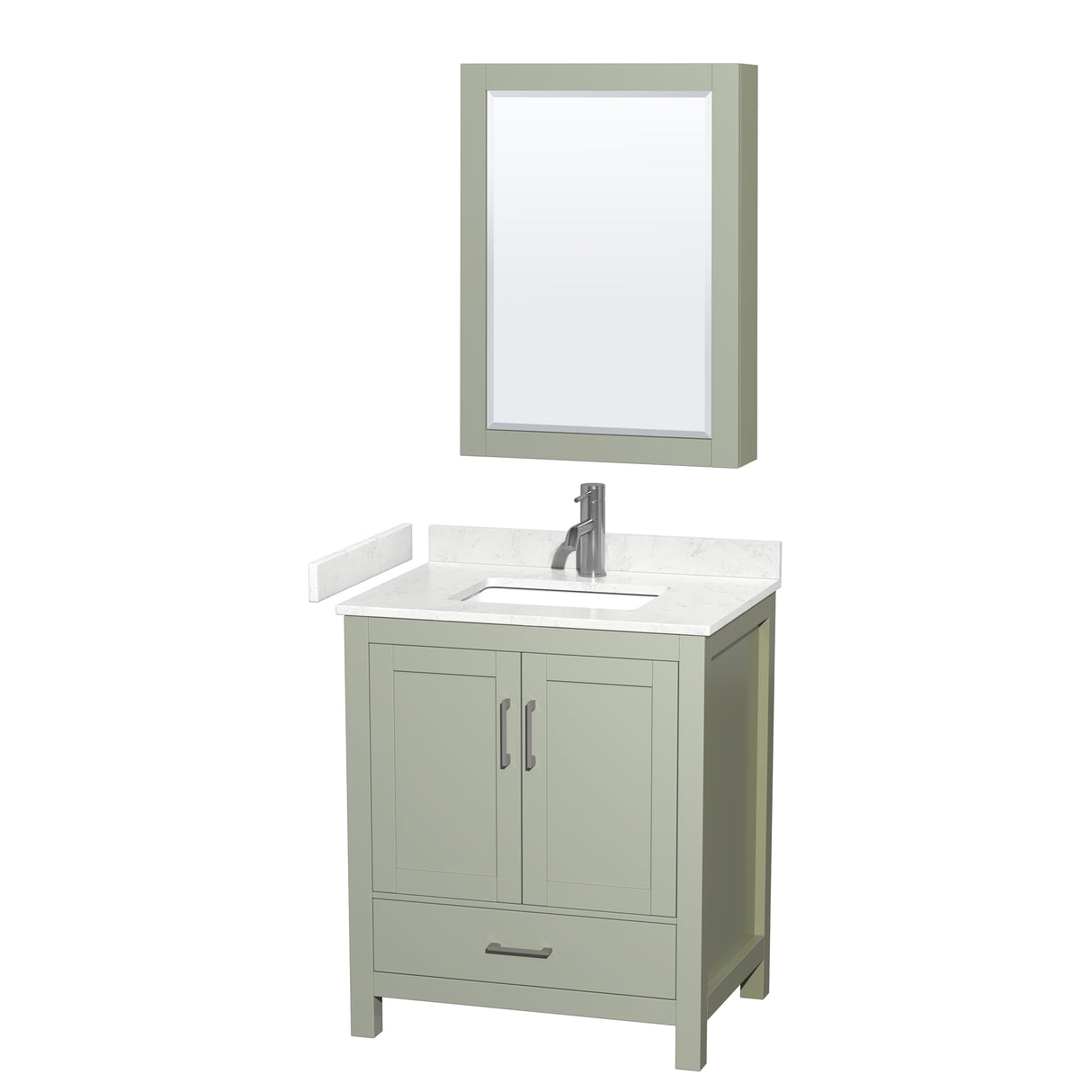 Sheffield 30 inch Single Bathroom Vanity in Light Green Carrara Cultured Marble Countertop Undermount Square Sink Brushed Nickel Trim Medicine Cabinet