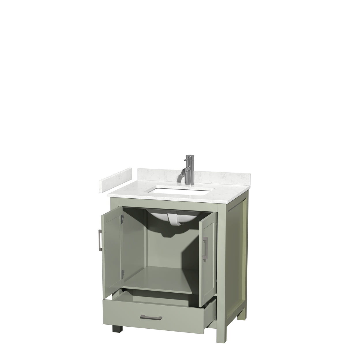 Sheffield 30 inch Single Bathroom Vanity in Light Green Carrara Cultured Marble Countertop Undermount Square Sink Brushed Nickel Trim